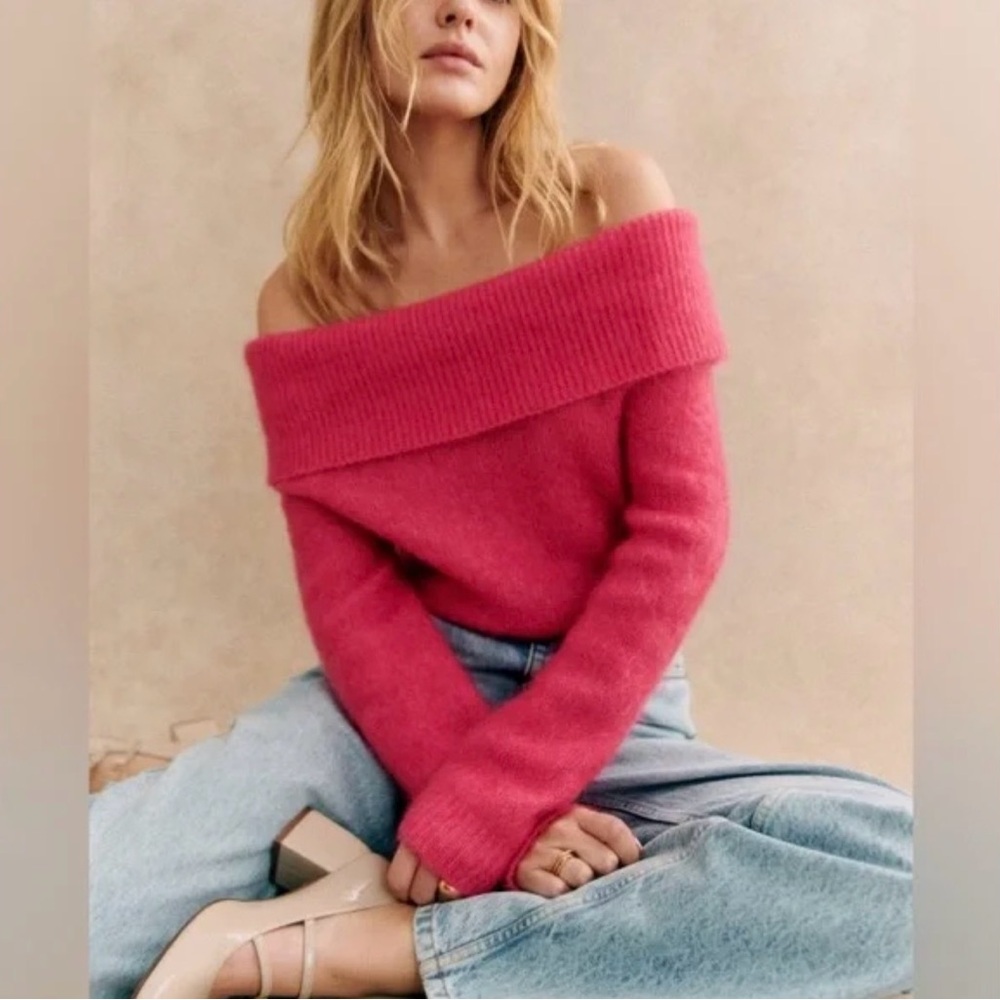 Sezane Aurore Jumper Pop Pink Knit Wool Off Shoulder Sweater - XS